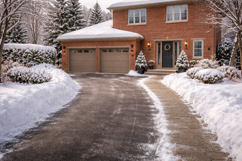 Professional snow removal team clearing driveway with equipment