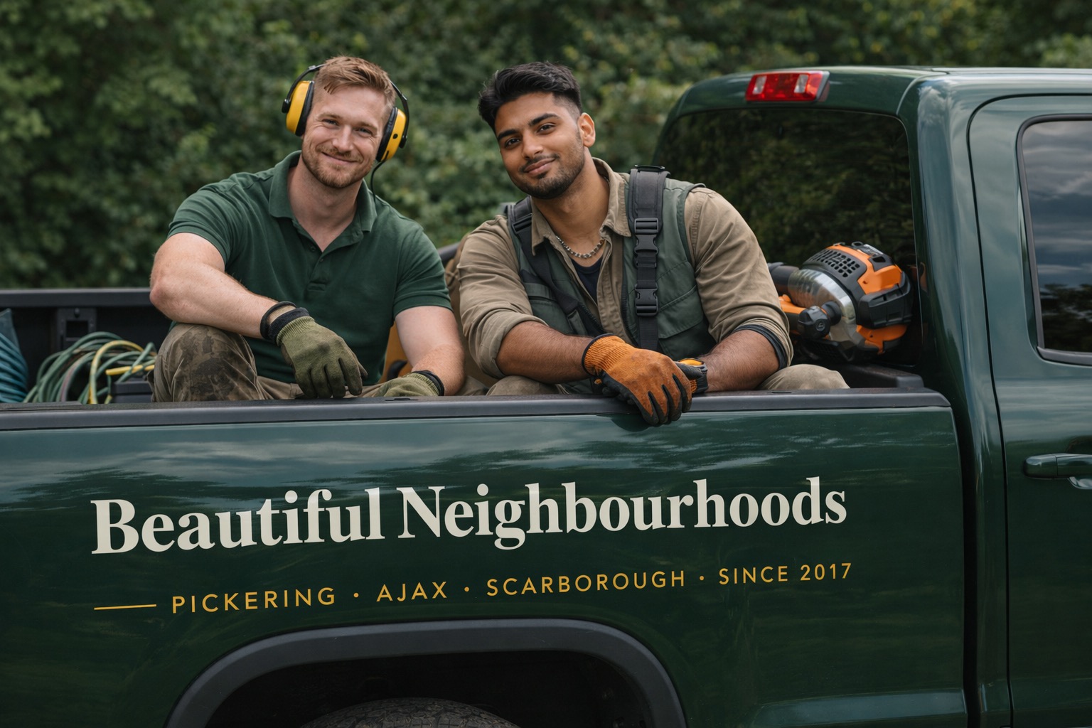 Julian and Saad, founders of Beautiful Neighbourhoods, leaning on their work truck