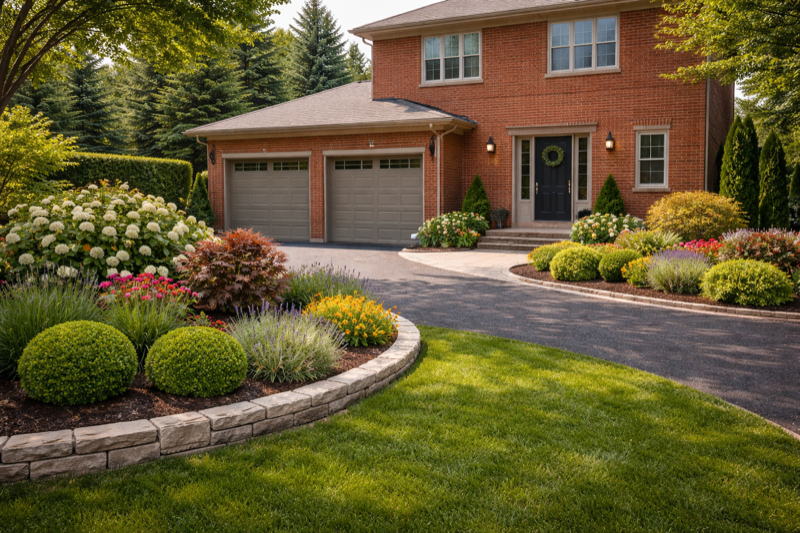 Newly landscaped garden bed with mixed shrub and perennial planting at a home in Ajax, Ontario