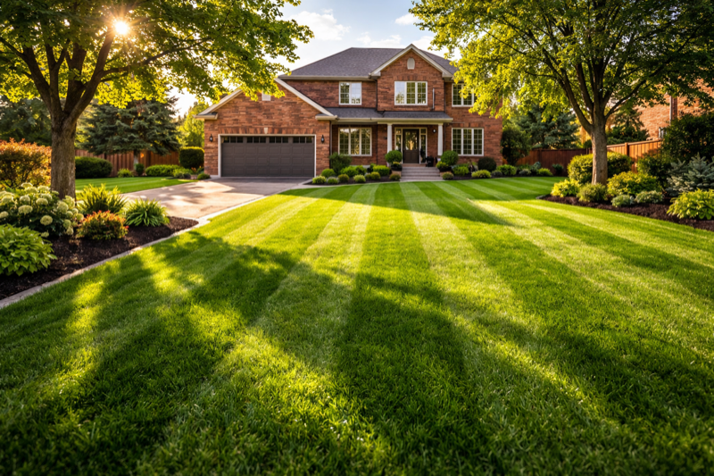 Freshly mowed lawn with clean edging at a home in Pickering, Ontario
